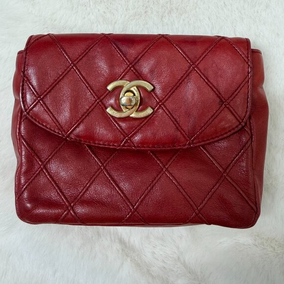 CHANEL Handbags - CHANEL Red Quilted Matelasse CC Logo Lambskin Waist Pouch Bum Bag